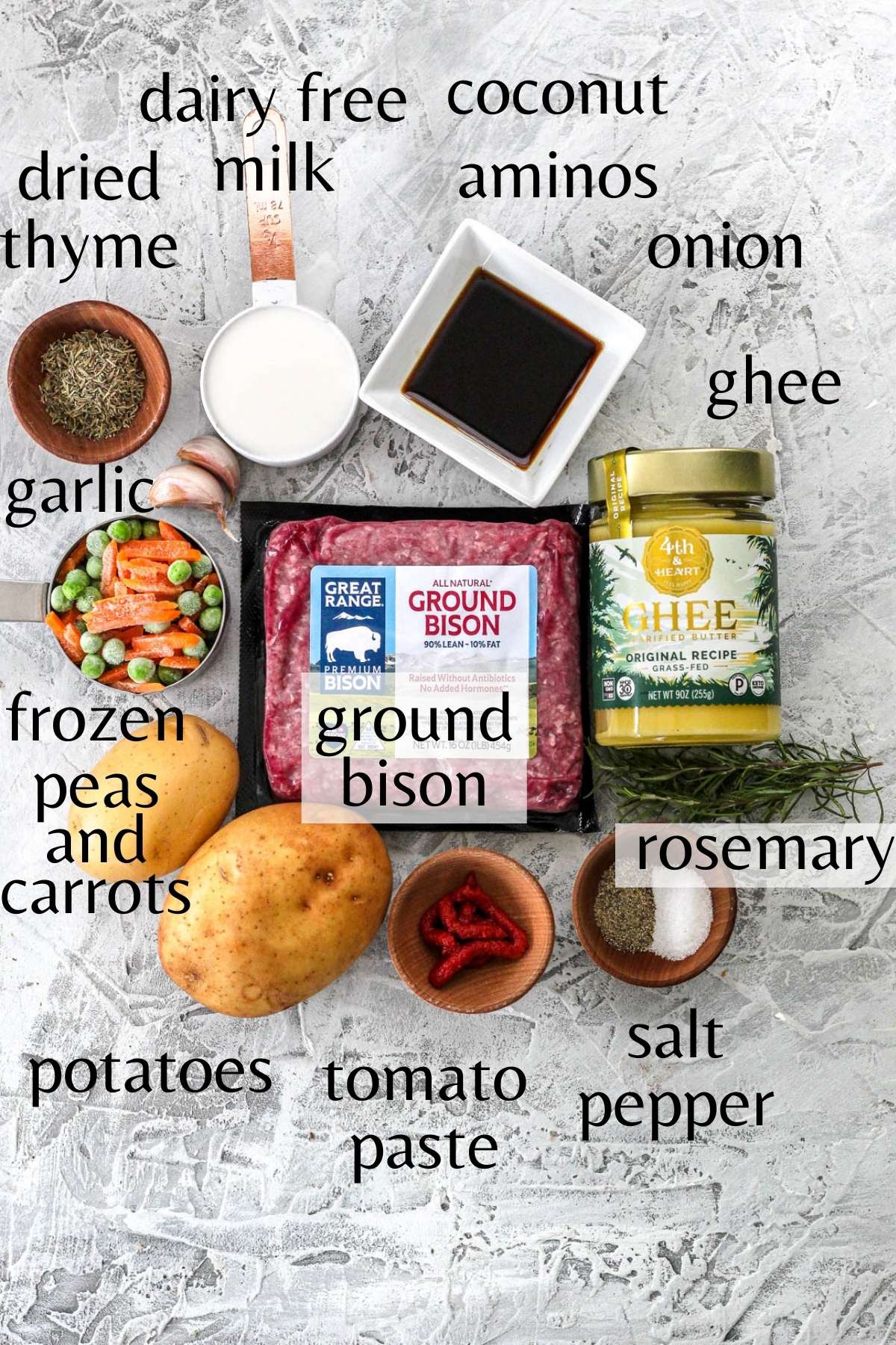 Ingredients needed to make bison shepherd's pie.