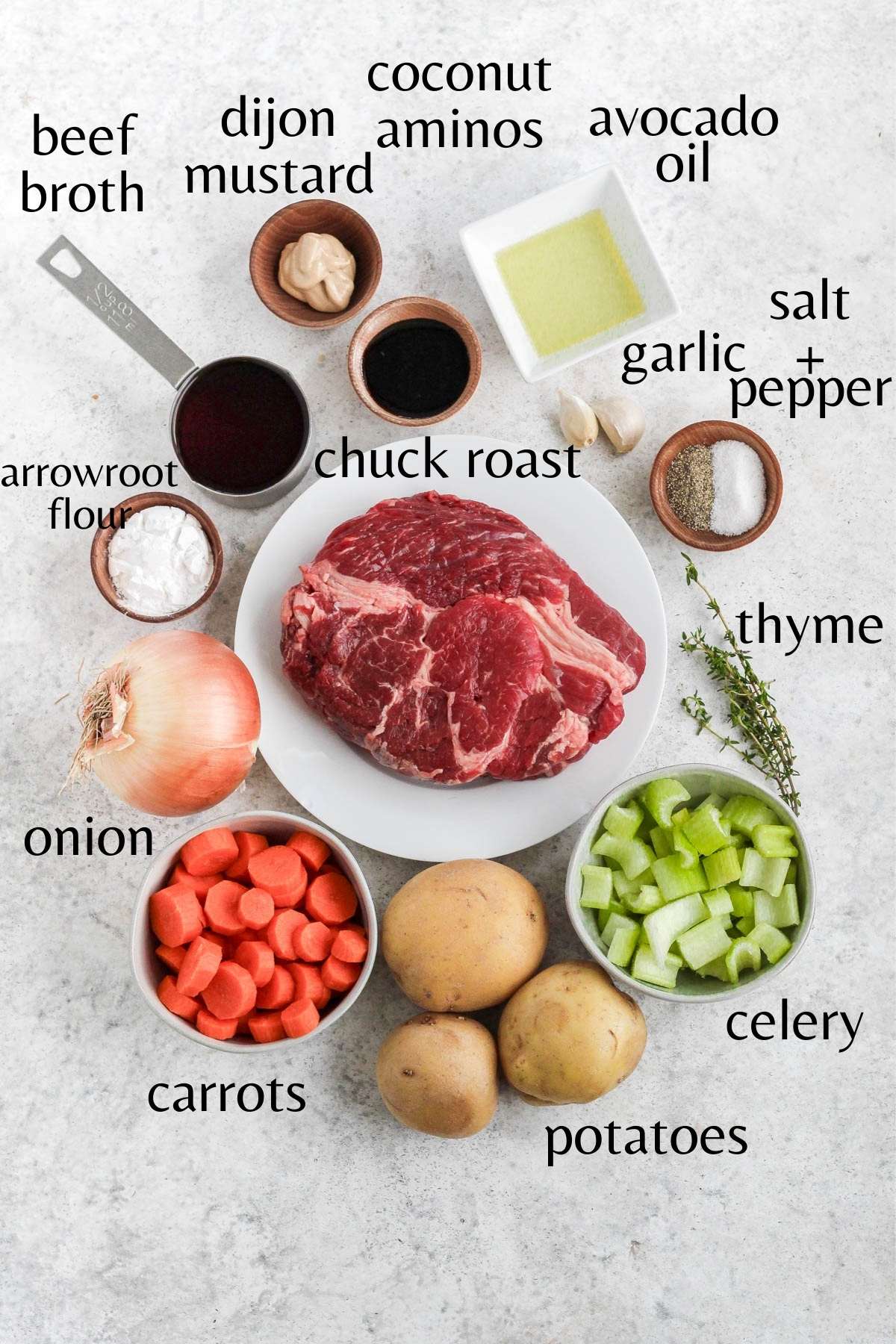 All the ingredients needed to make Whole30 Pot Roast.