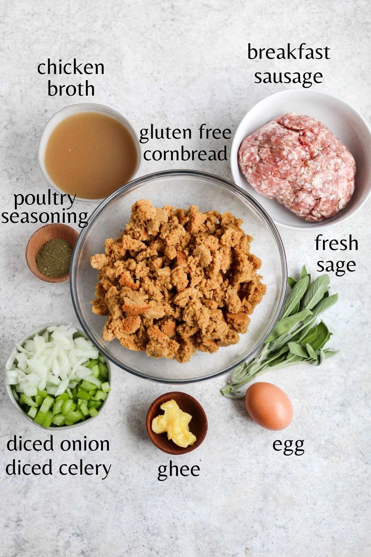 All the ingredients needed to make gluten free cornbread stuffing.