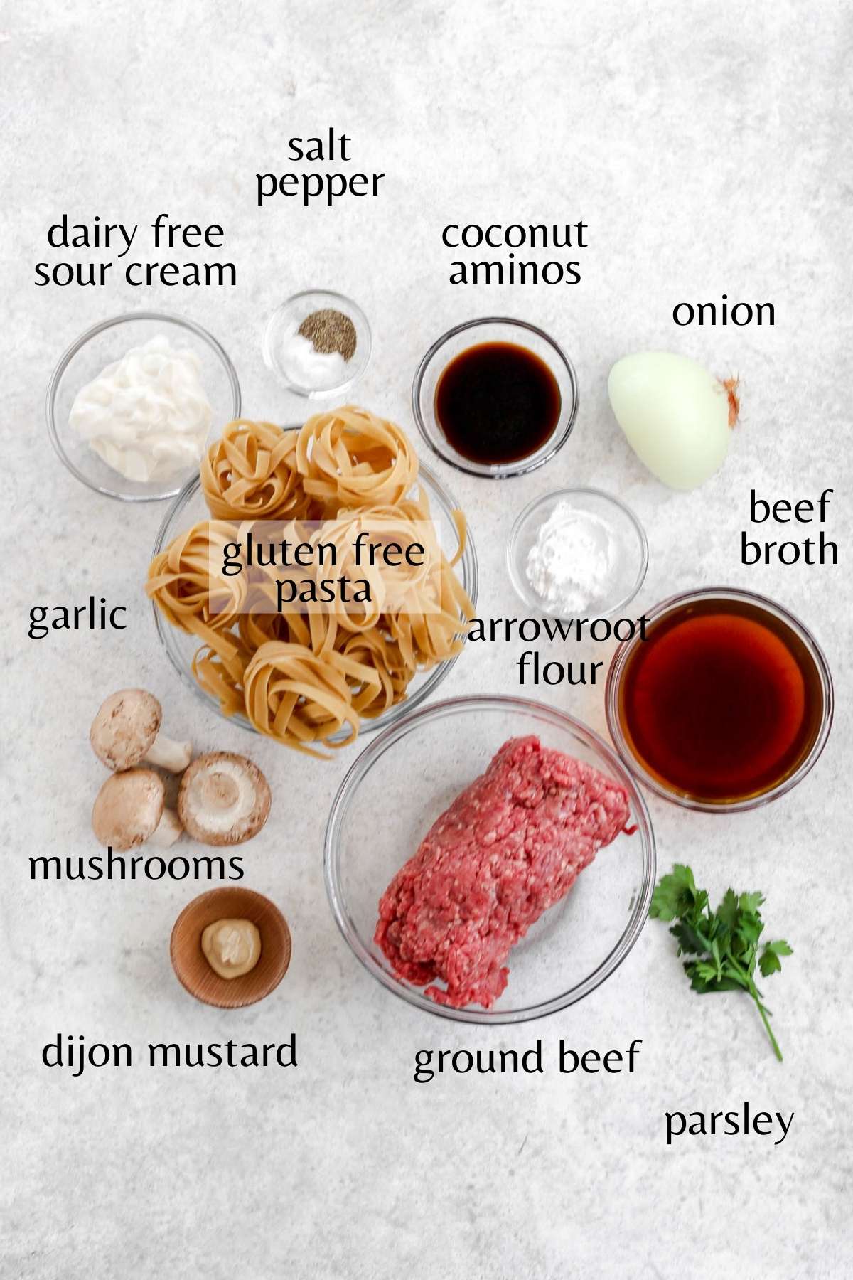 All the ingredients needed to make gluten free beef stroganoff. 
