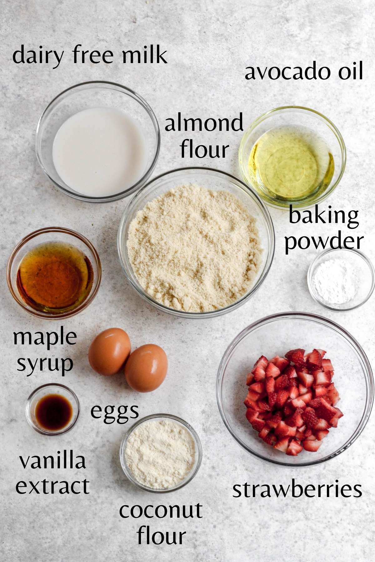 All the ingredients you need to make gluten free strawberry muffins.
