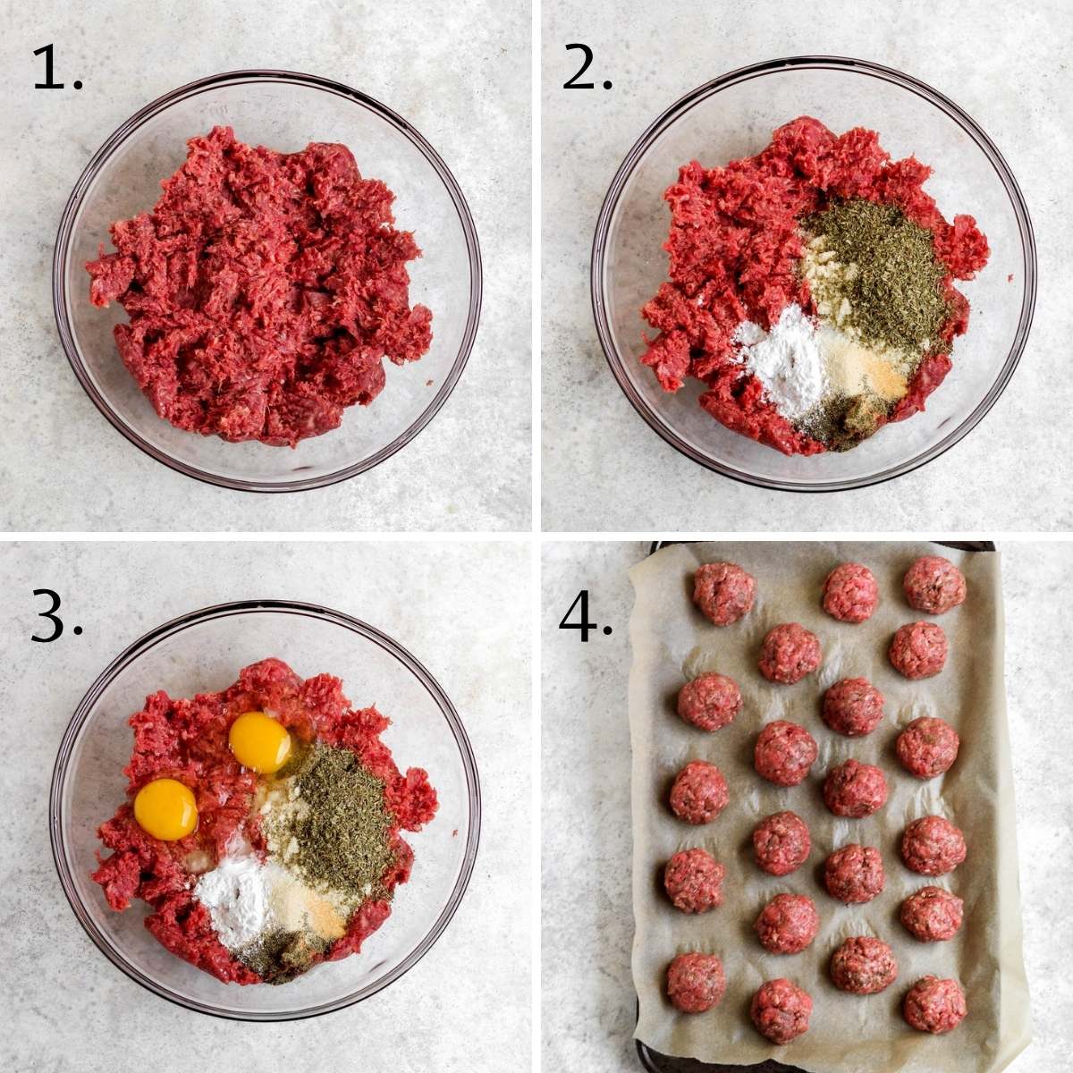A grid of four photos. First, ground bison in a mixing bowl, second is ground bison with seasonings in a mixing bow, third is ground bison with seasoning and eggs in a mixing bowl, and fourth is a baking sheet lined with parchment paper with uncooked meatballs lined up.