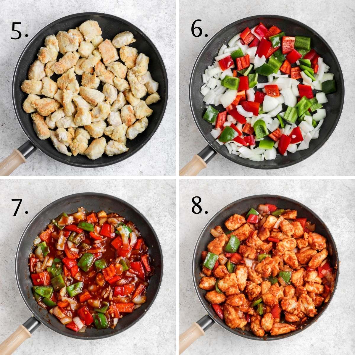Steps five through eight on how to make gluten free sweet and sour chicken.