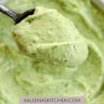 A Pinterest pin for dairy free avocado crema with two picture of the crema, one on a spoon, and the other in a bowl.