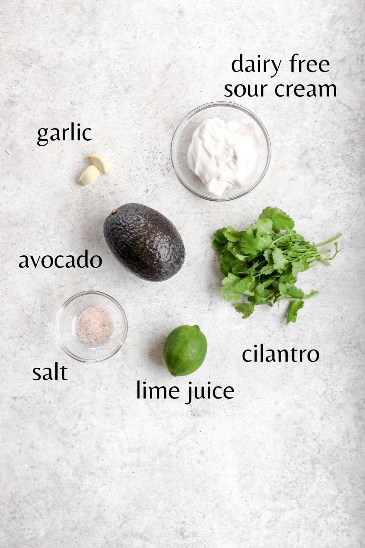 All the ingredients you need to make vegan avocado crema.