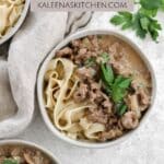 A Pinterest pin for Gluten Free Beef Stroganoff.