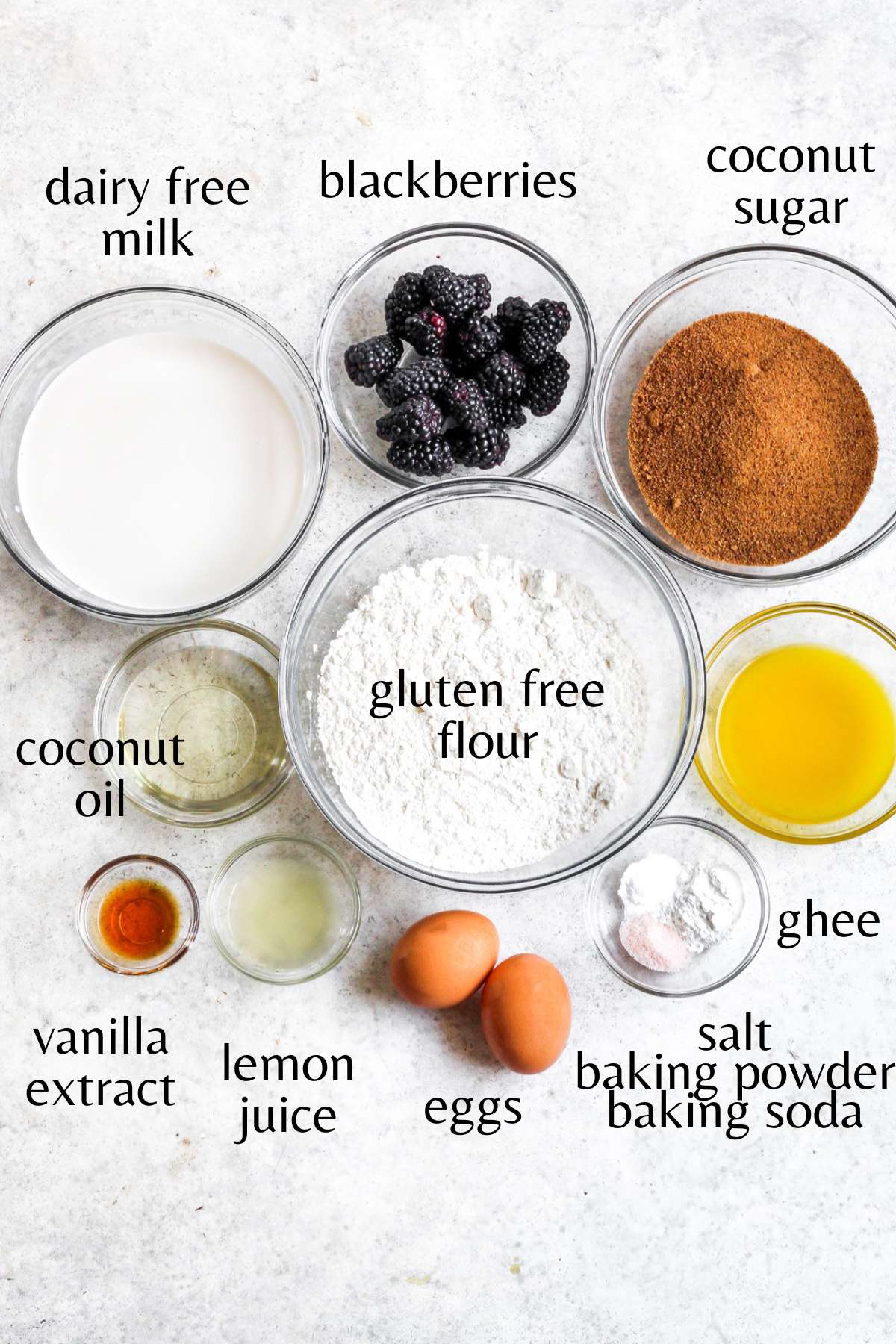 Ingredients needed to make gluten free blackberry muffins.