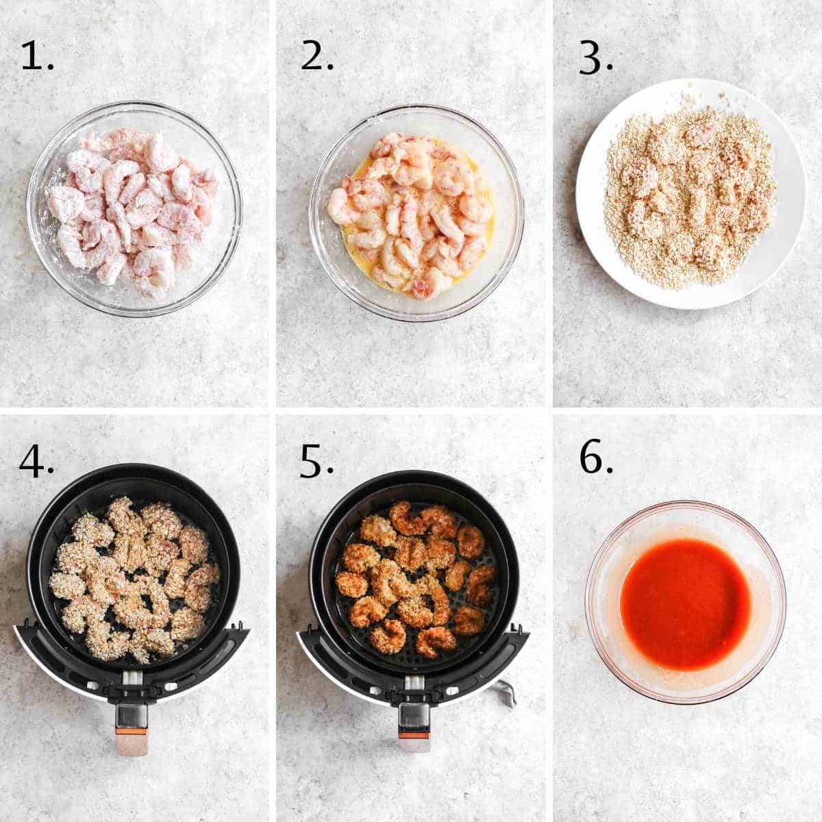 Step by step on how to make air fryer buffalo shrimp.