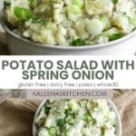 A Pinterest pin poster with a bowl of potato salad with spring onions sitting on a tan tea towel.