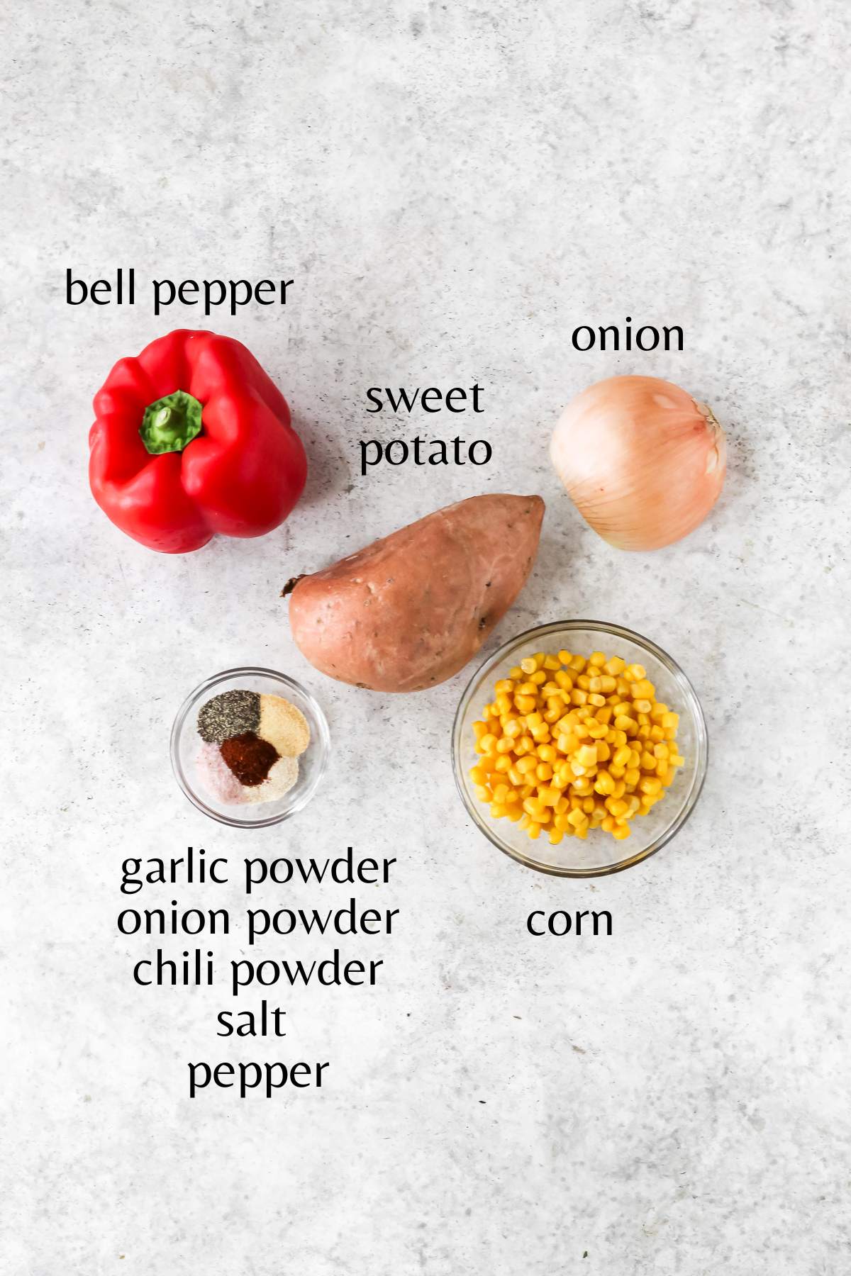 Ingredients needed to make sweet potato succotash.
