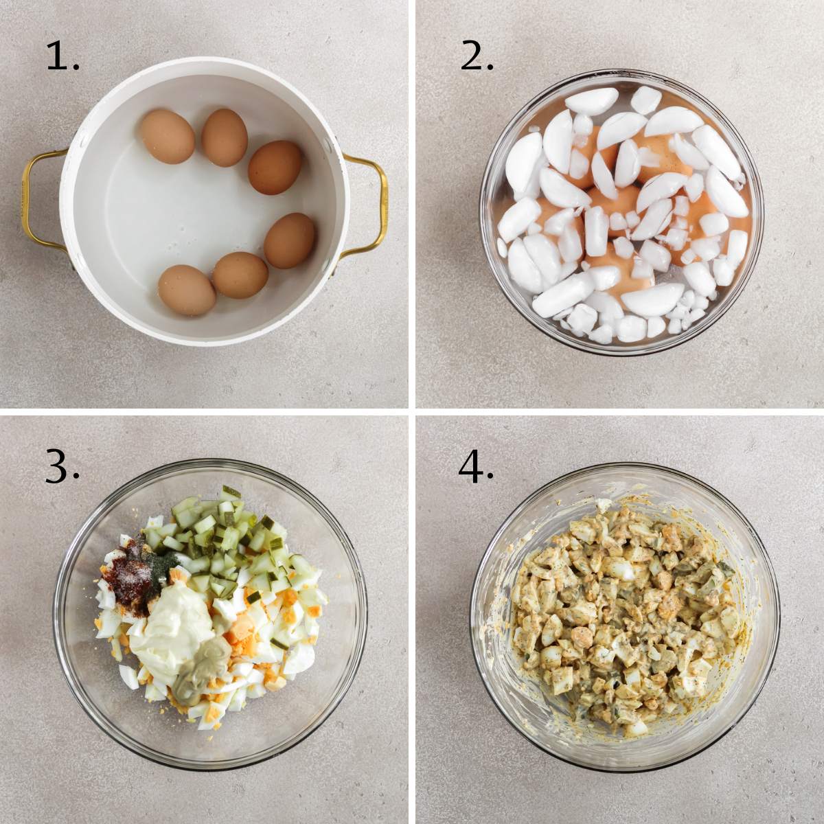 Step by steps on how to make dill pickle egg salad.
