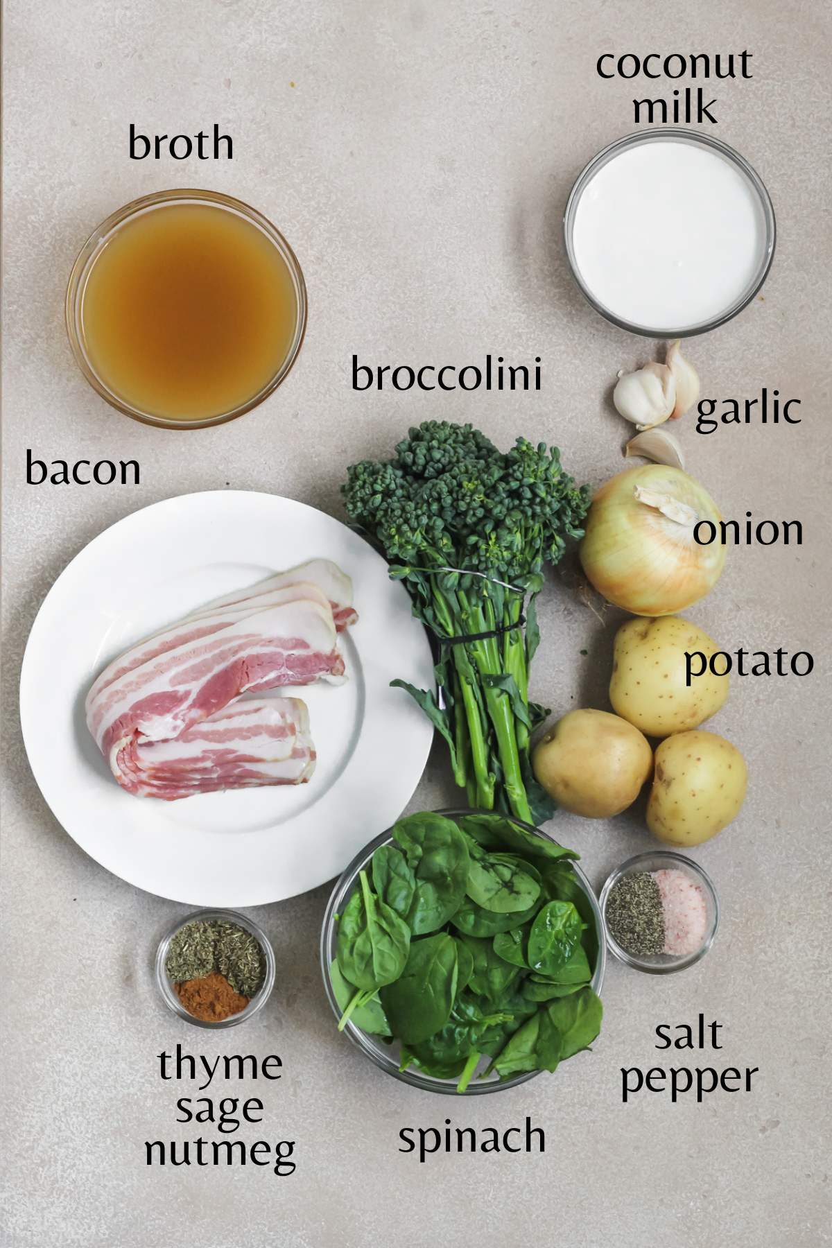 Ingredients needed to make broccolini soup.