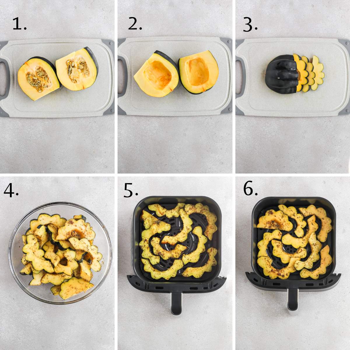 Step by steps on how to make air fryer acorn squash.