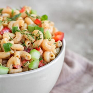 A bowl filled with buffalo ranch protein pasta.