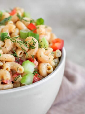 A bowl filled with buffalo ranch protein pasta.
