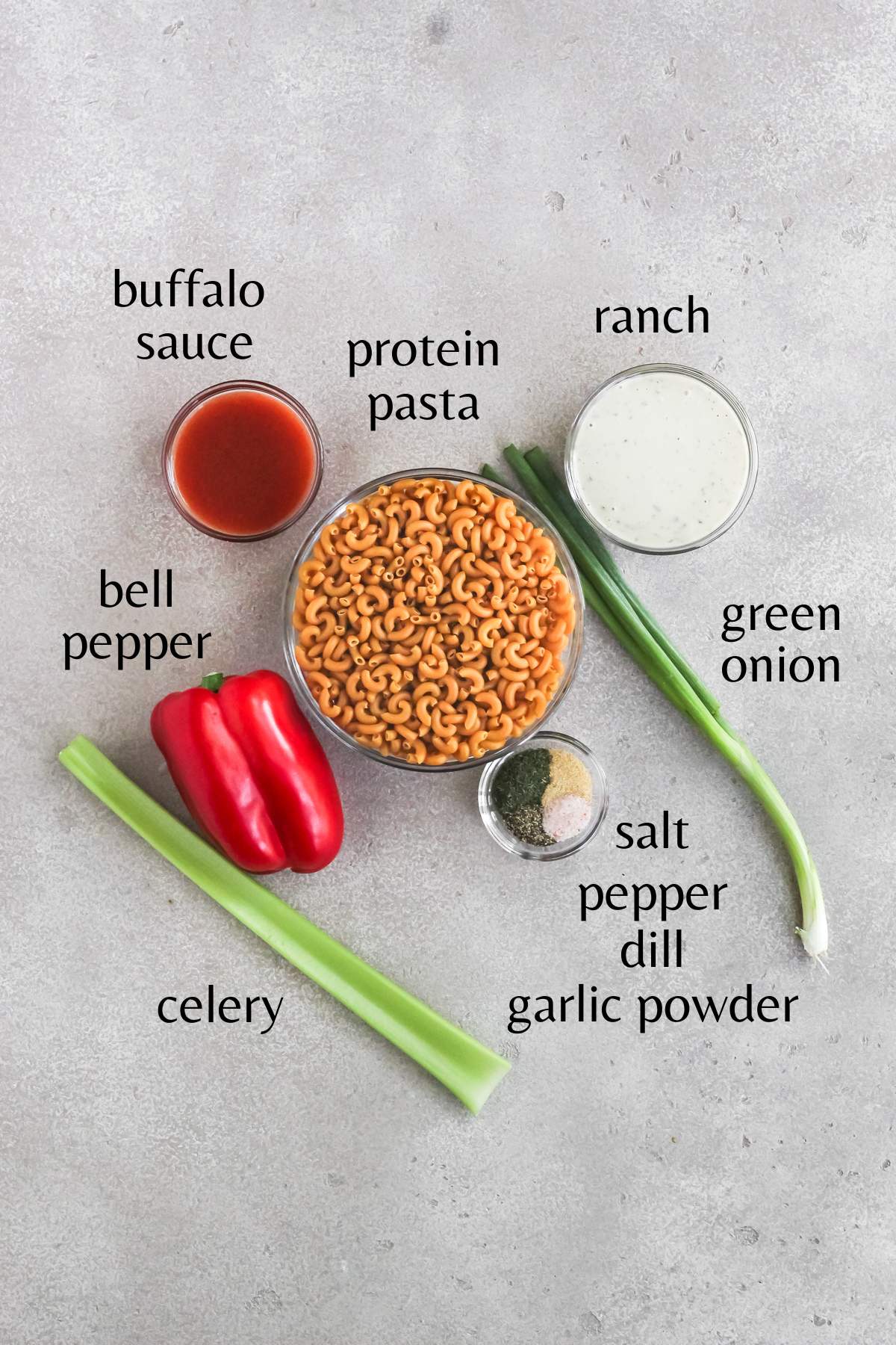 Ingredients needed to make buffalo ranch protein pasta.