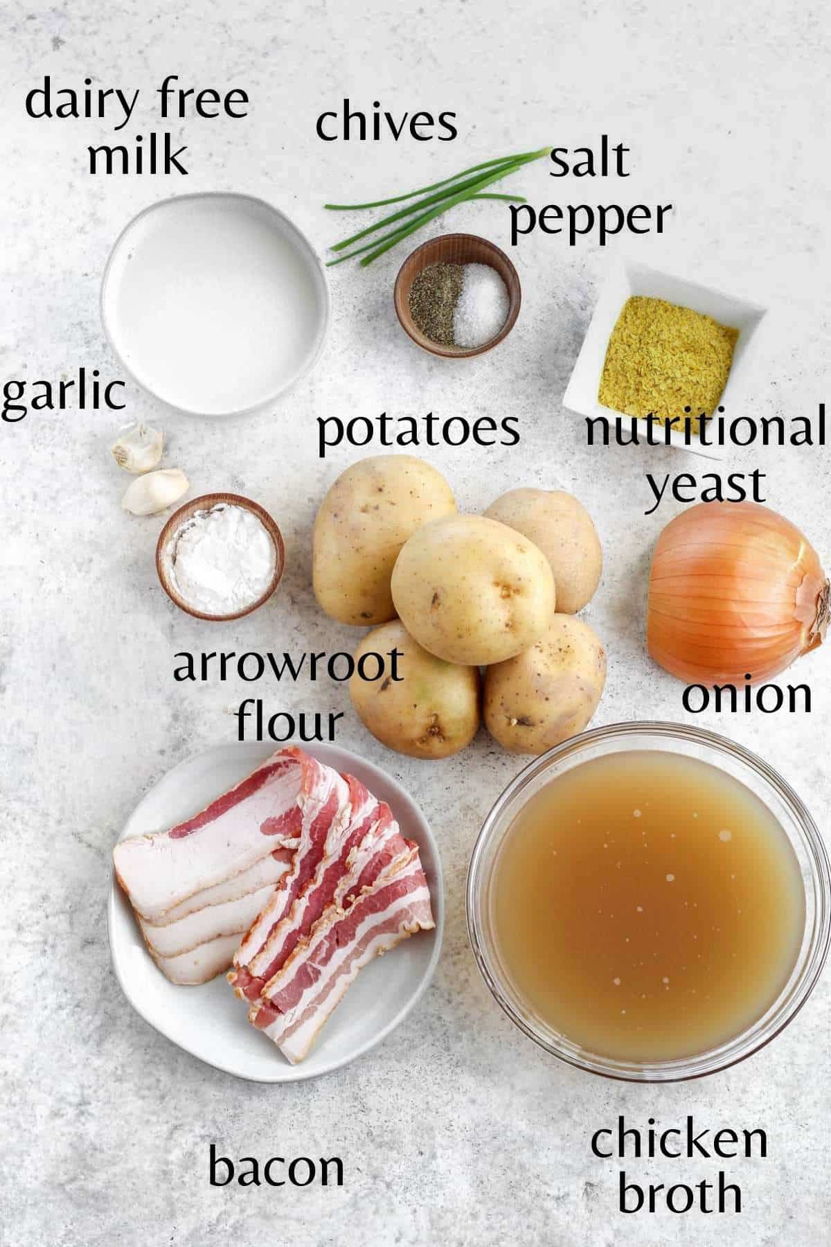 Ingredients needed to make dairy free potato soup.
