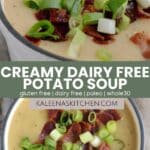 A Pinterest pin with two pictures of dairy free potato soup in a white dutch oven topped with crumbled crispy bacon and chives.