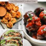 A Pinterest pin for gluten free air fryer recipes with a picture of panko crusted shrimp, shrimp tacos, and bbq bison meatballs.