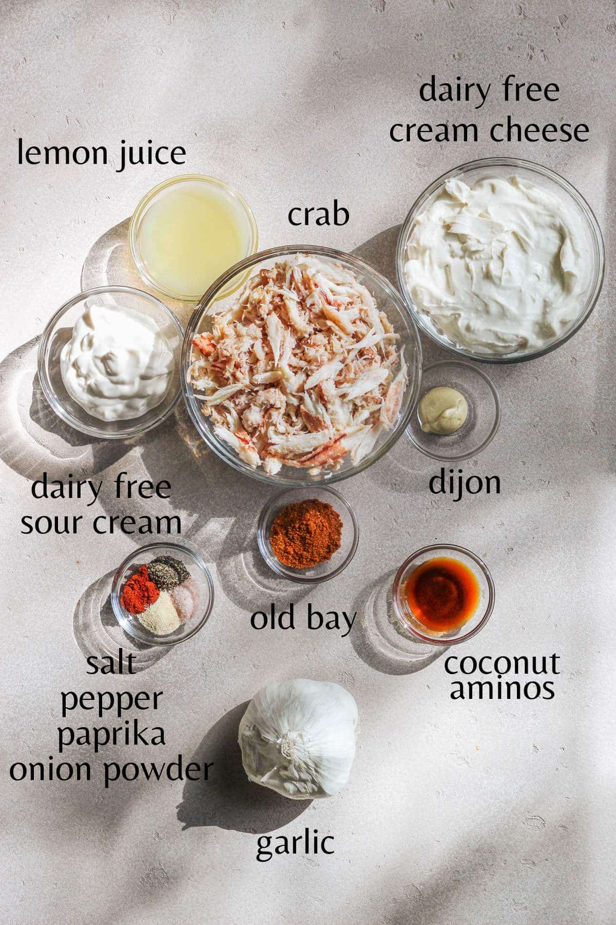 Ingredients needed to make dairy free crab dip.