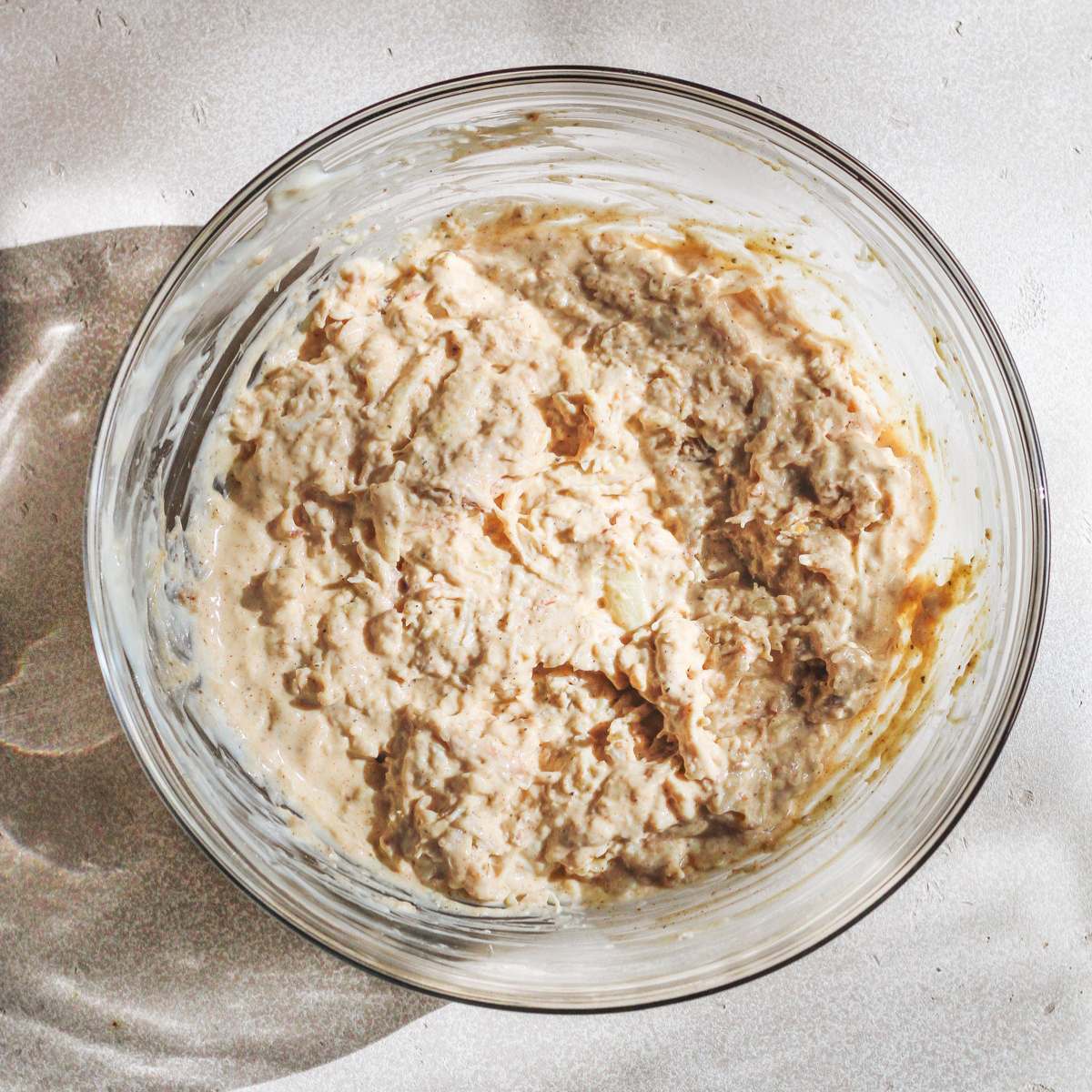 Dairy free crab dip in a glass bowl.