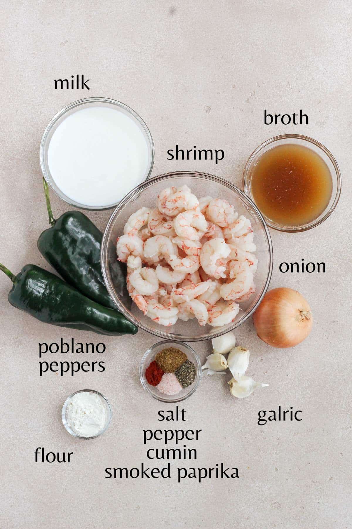 Ingredients needed to make creamy poblano shrimp.