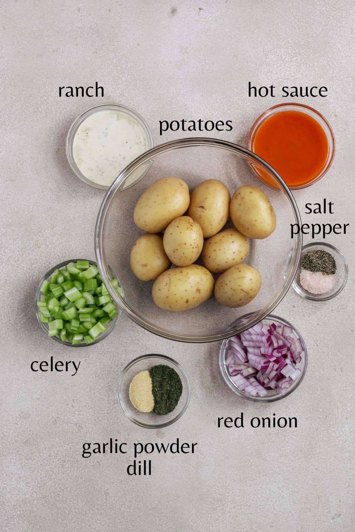 Ingredients to make buffalo ranch potato salad.
