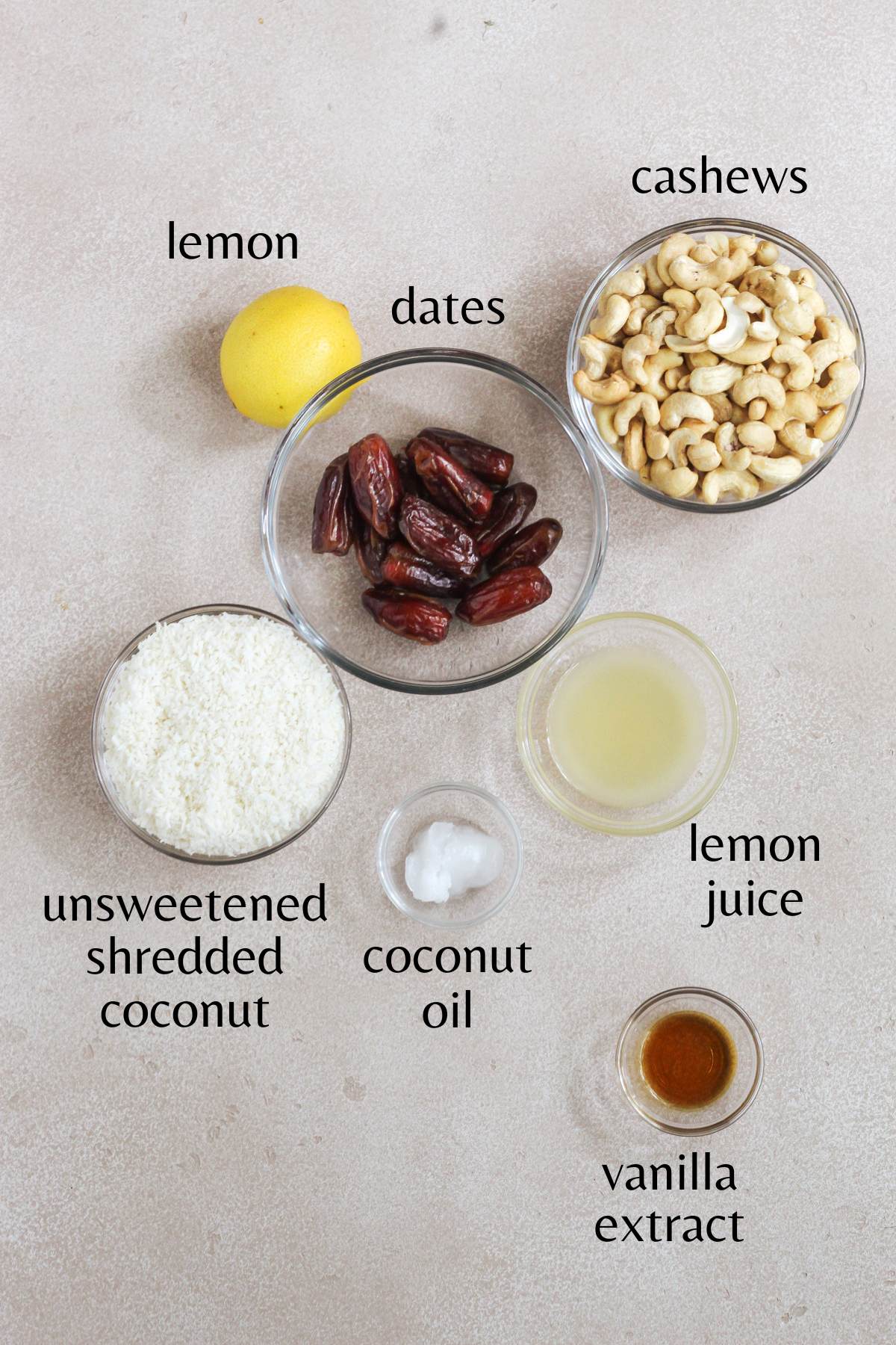 Ingredients needed to make lemon coconut date balls.