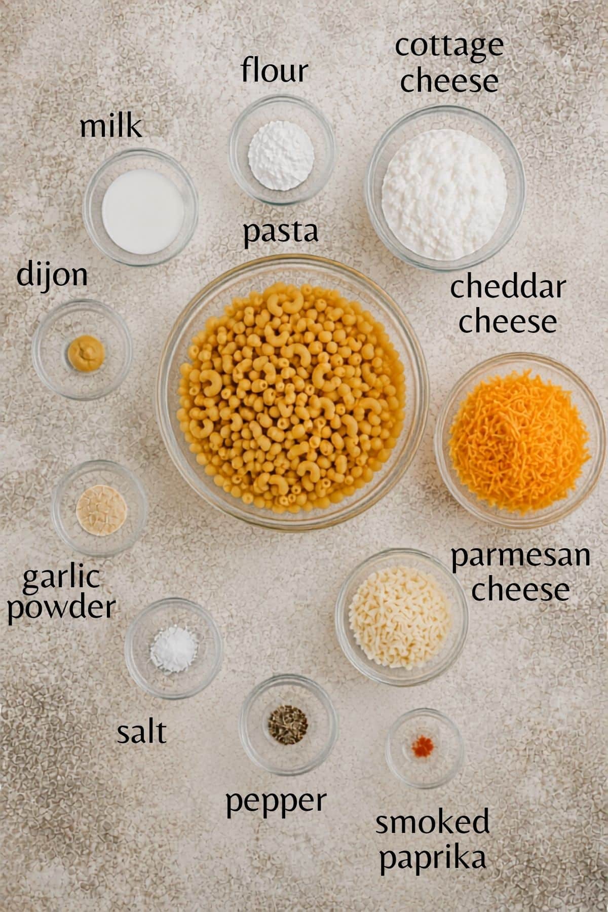 Ingredients needed to make high protein mac and cheese.